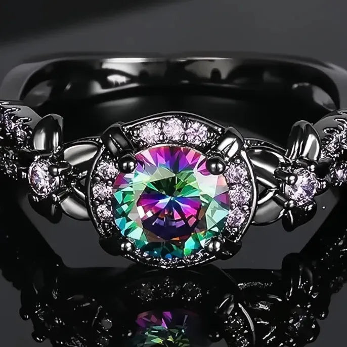 Black Brass Women’s Geometric Ring with Multicolored Cubic Zirconia Inlay