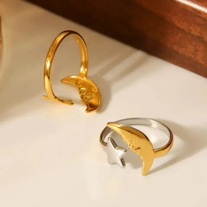 Adjustable Stainless Steel Moon Star Open Ring Unisex Gold Silver Gift Jewelry