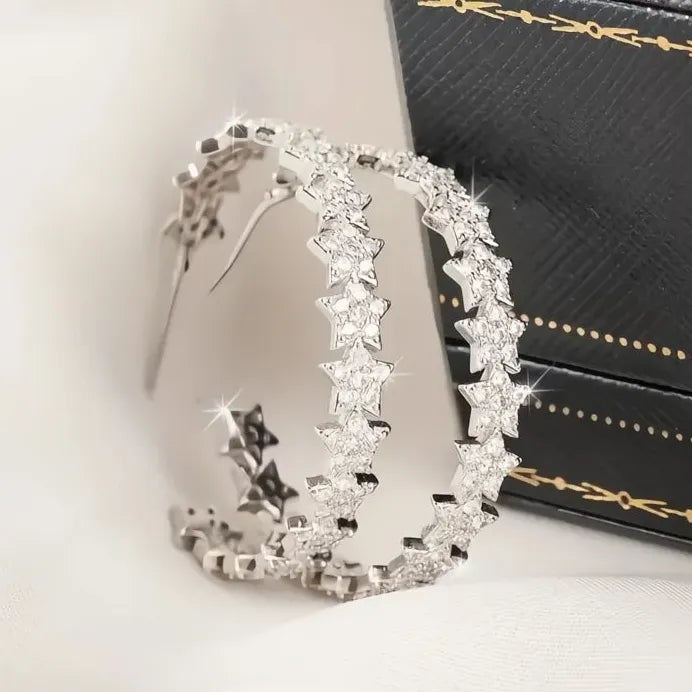 Silver Star Hoop Earrings for Women Girls Wedding Party Jewelry Sparkle