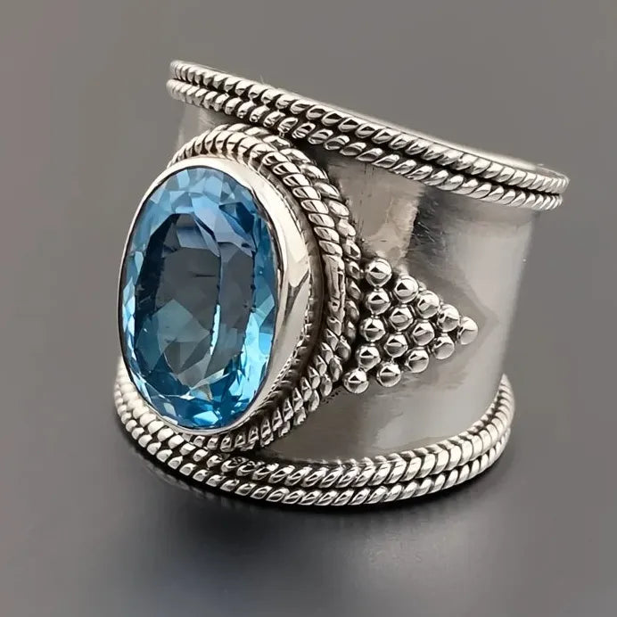 Silver Wide Blue Cubic Zirconia Cocktail Ring for Women Anniversary Party