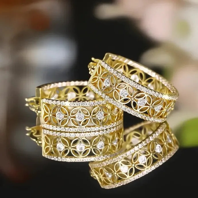 Delicate Hollow-Out Geometric Hoop Earrings with Cubic Zirconia, Gold Tone