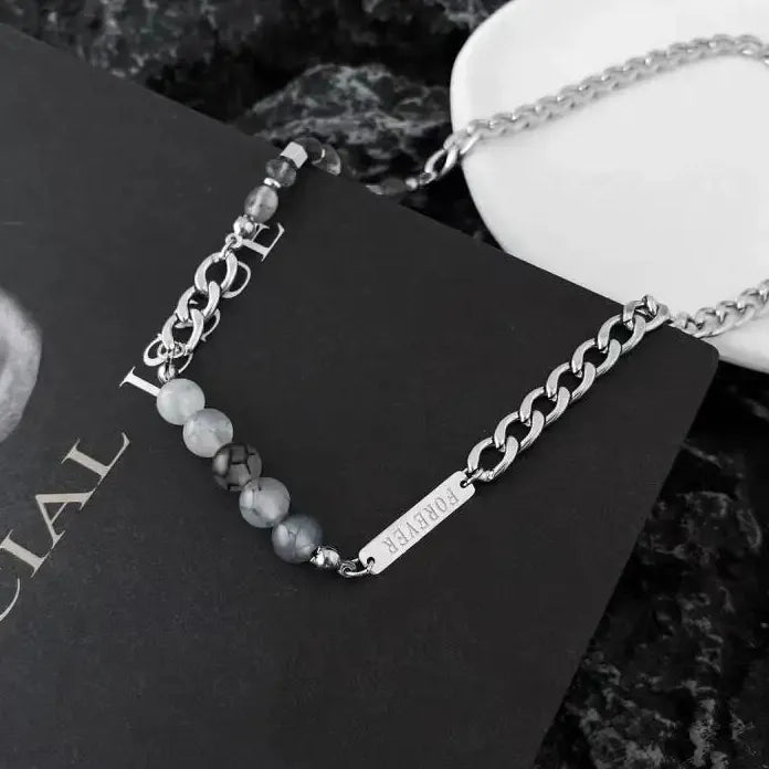 Stainless Steel Gray Glass Beaded Choker Necklace for Men Women Hiphop Jewelry Gift