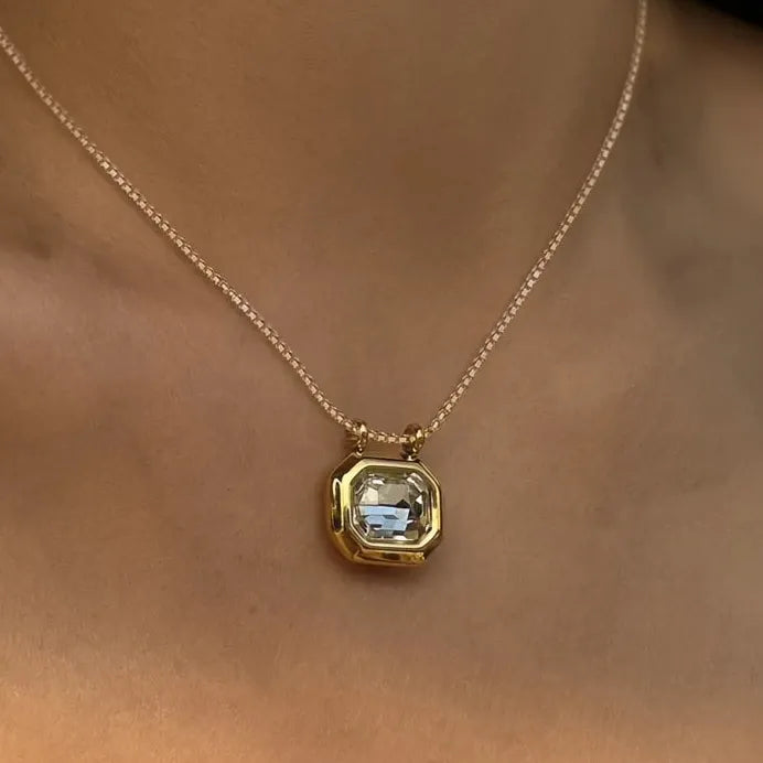 Elegant Geometric CZ Crystal Pendant Necklace for Women Wedding Jewelry Gold Tone