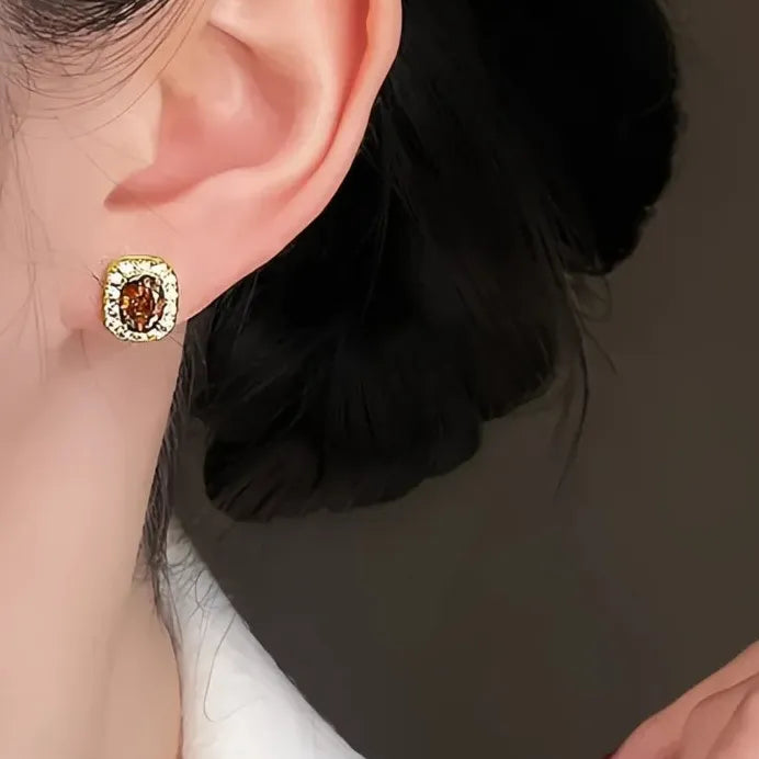 Gold Tone Red Zirconia Geometric Stud Earrings for Women Wedding Jewelry
