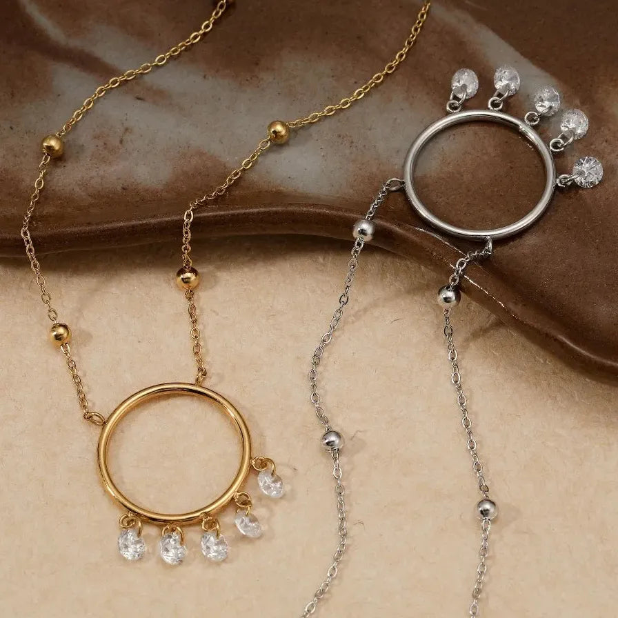 Minimalist Big Circle Zircon Pendant Necklace 18K Gold Plated Crystal Choker Waterproof Jewelry