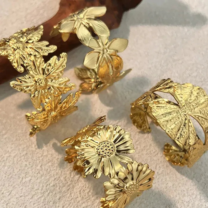 Retro Gold Stainless Steel Wide Cuff Bracelet for Women Daisy Lily Ginkgo Leaf
