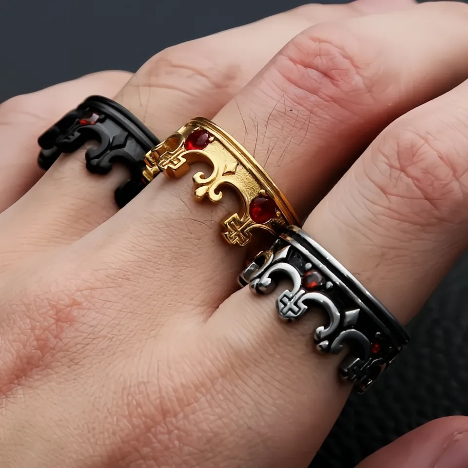 Vintage Crown Stone Ring 316L Stainless Steel Silver Gold Black Jewelry for Men Women Gift
