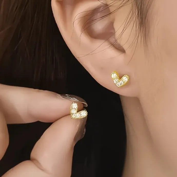 Gold Heart Stud Earrings Cubic Zirconia Love Jewelry Trendy Party Gift