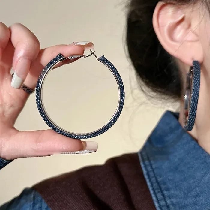 Vintage Blue Denim Zinc Alloy Round Hoop Earrings for Women Gift