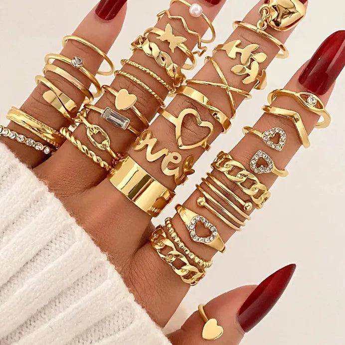 30Pcs Adjustable Vintage Gold Zircon Heart Butterfly Rings Set for Women