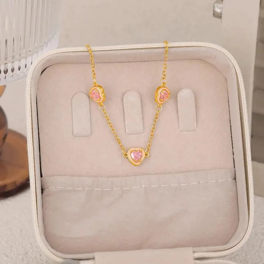 French Luxury Pink CZ Zircon Heart Bracelet PVD Stainless Steel Jewelry Gift