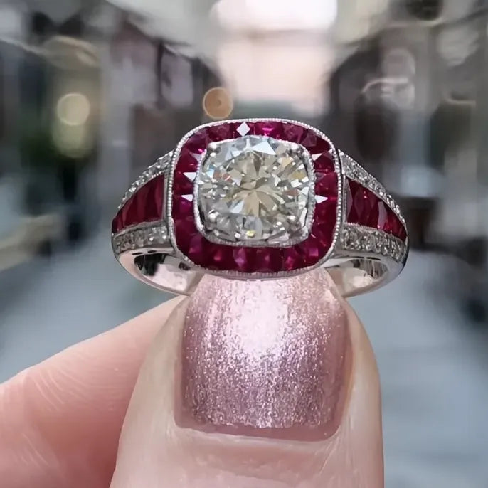 Vintage Red Cubic Zirconia Brass Geometric Ring for Women Elegant Party Gift