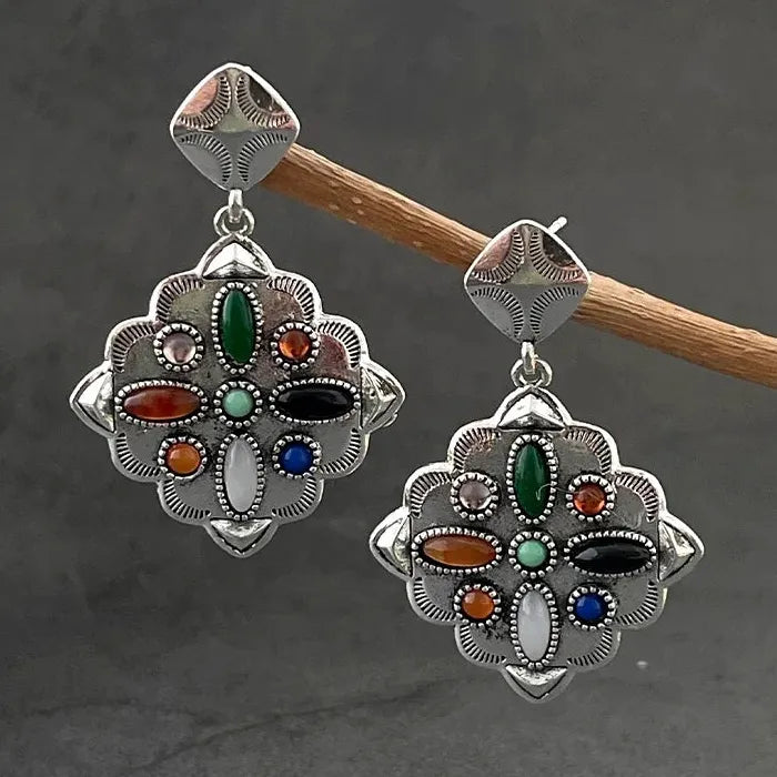 Retro Ethnic Style Antique Silver Drop Earrings with Colorful Gemstones, Lightweight Zinc Alloy