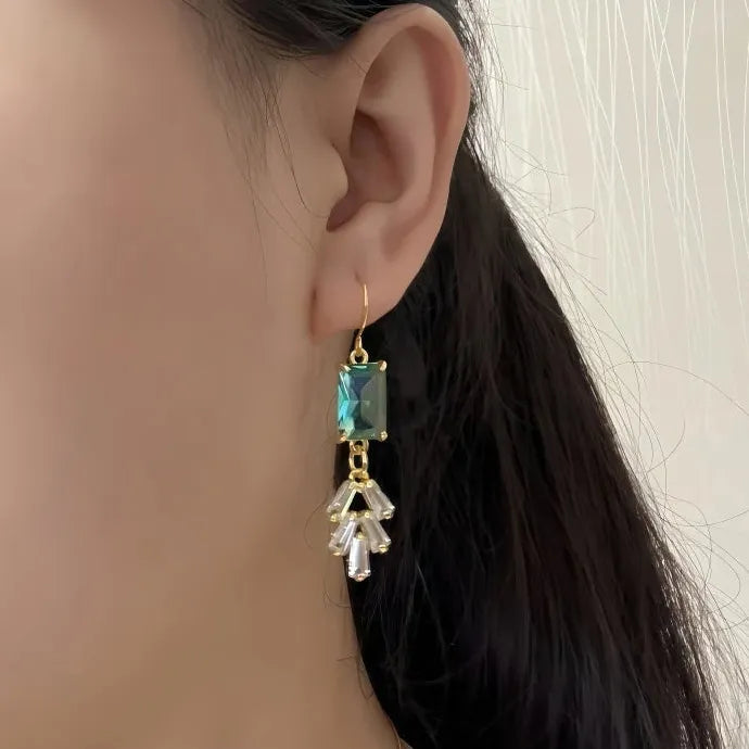 Romantic Green Crystal Drop Earrings for Ladies Girls Geometric Tassel Zircon Jewelry Gift