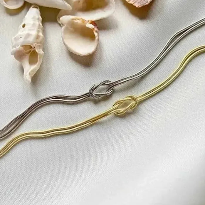 Gold & Silver Thin Snake Chain Couple Bracelet Stainless Steel Knot Unisex Bangle