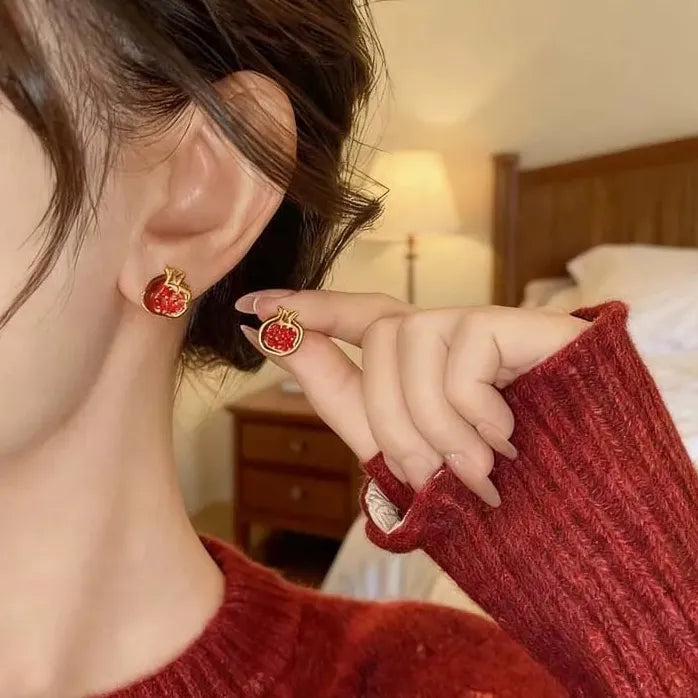 Vintage Red Pomegranate Gold C-Shape Hoop Earrings Necklace for Women Gift
