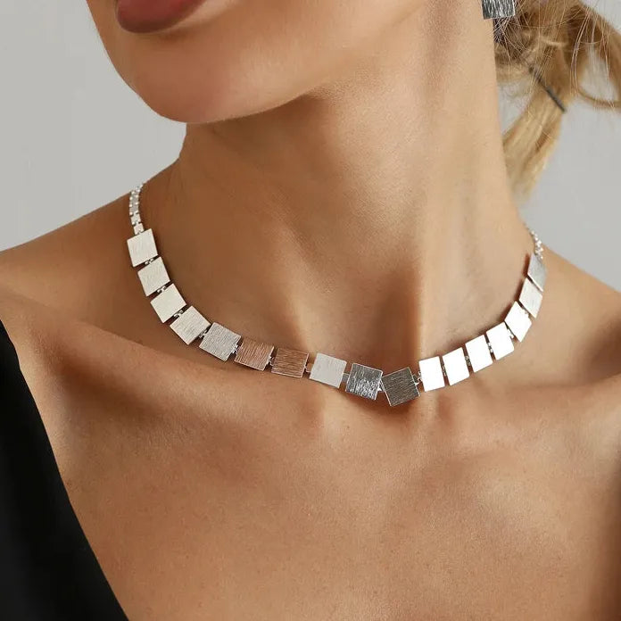 Brushed Metal Retro Square Necklace Bracelet Earrings Set for Women Jewelry Gift