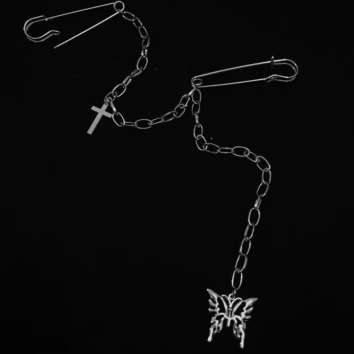 Vintage Butterfly Cross Chain Brooch Pin Zinc Alloy Metal Punk Jewelry Gift