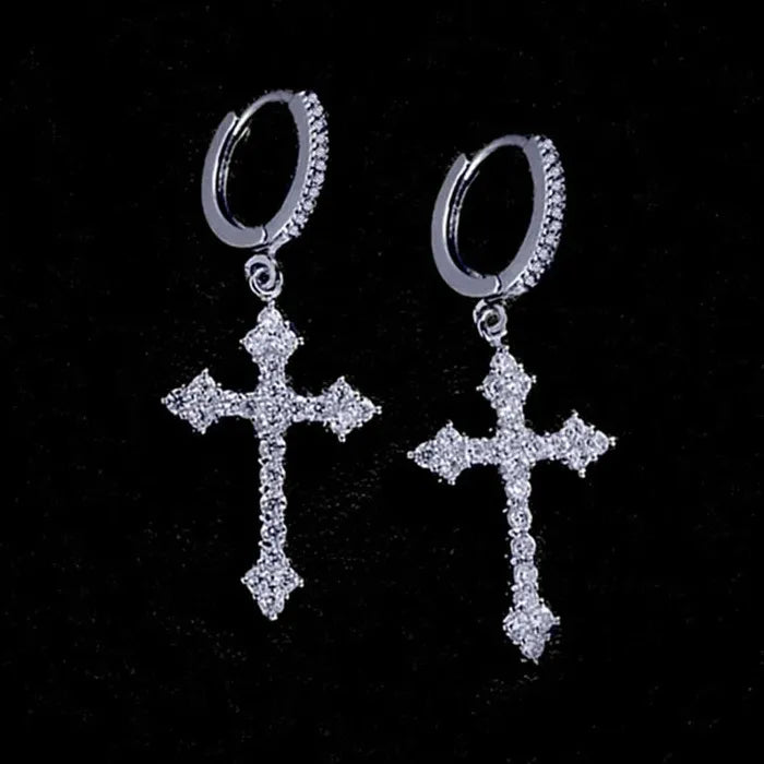 Korean Fashion Stainless Steel Cross Earrings with Rhinestone Zircon