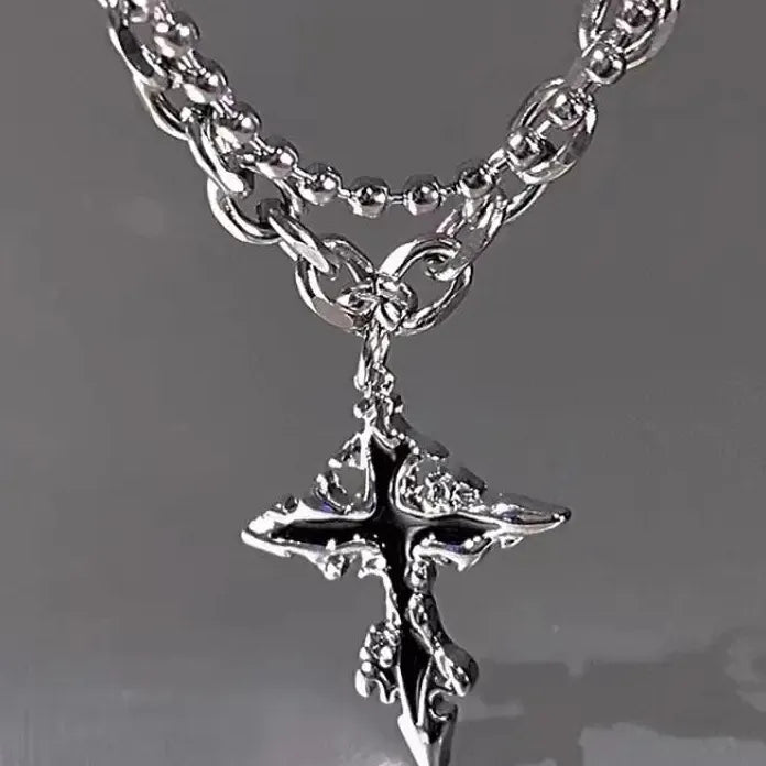 Punk Double Layer Cross Necklace for Women Men Halloween Charm Jewelry