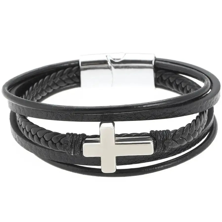 Hip Hop Punk Cross Double-Layer Handmade Woven Leather Adjustable Bracelet Men Women