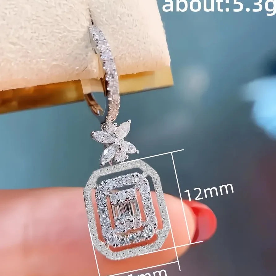 Geometric Silver Flower Cubic Zirconia Dangle Earrings for Women Gift