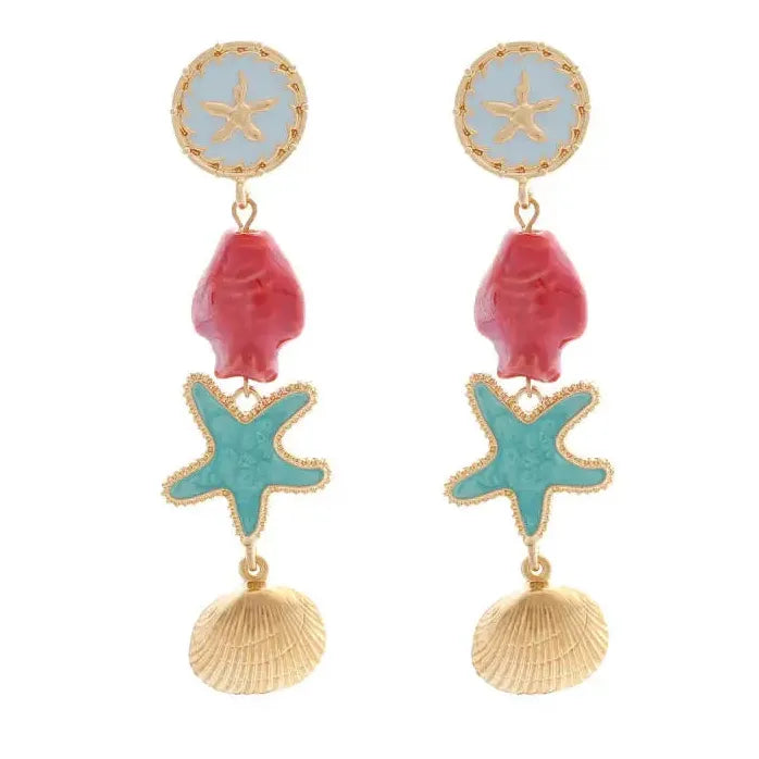 Boho Ceramic Sea Star Shell Fish Drop Earrings for Women Beach Jewelry Vacation