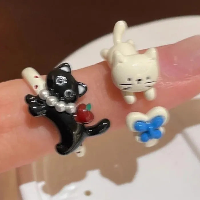 Adjustable Cat Ring for Women Featuring Pearl Inlay Butterfly Apple Gift