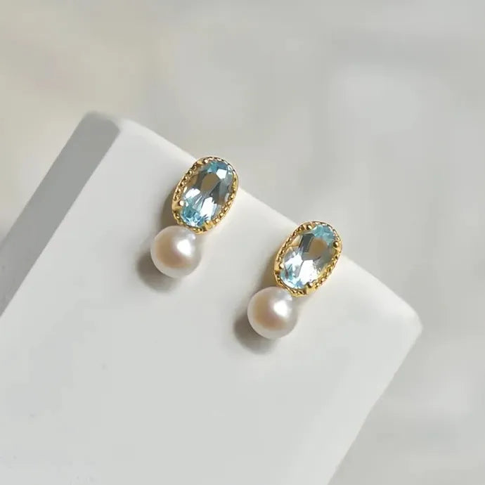 Women's Oval Blue CZ Drop Earrings with Imitation Pearl Copper Alloy Design