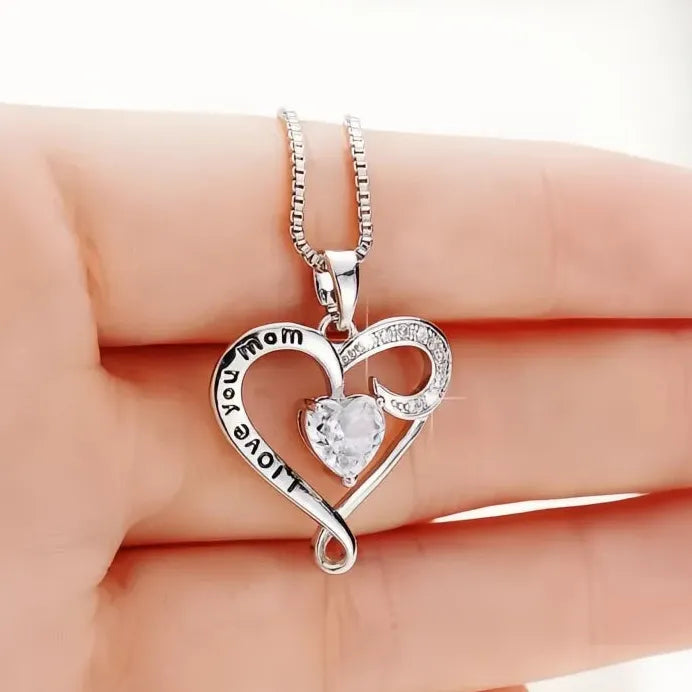 Romantic Heart Pendant Necklace I Love You Mom CZ Jewelry Gift Women