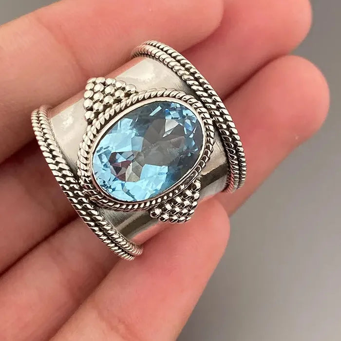 Men's Retro Oval Blue Cubic Zirconia Ring Wide Face Zinc Alloy Jewelry Gift