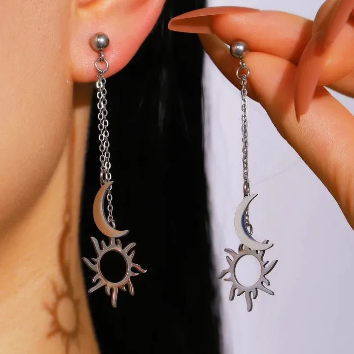 Stainless Steel Sun Moon Earrings & Adjustable Bracelet Women Retro Jewelry Gift