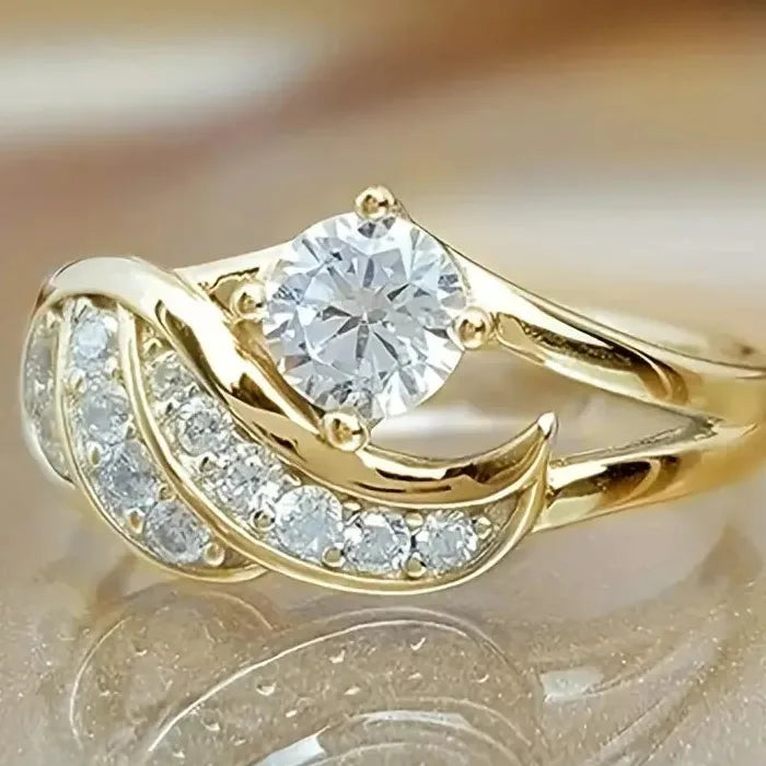 Classic Women’s Gold Color Metal Ring with White Zircon Wedding Proposal Gift