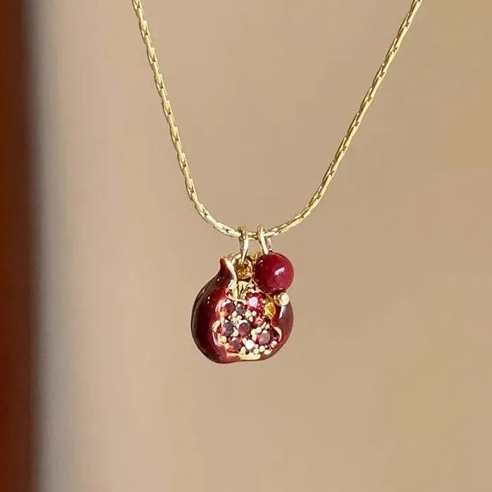 Vintage Red Pomegranate Gold C-Shape Hoop Earrings Necklace for Women Gift