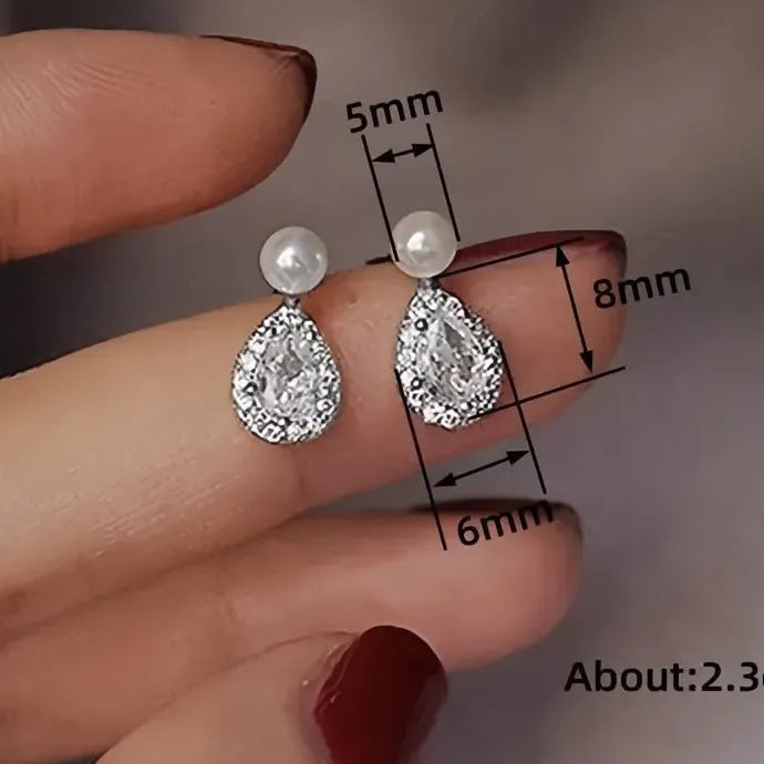 Simulated Pearl Stud Earrings with Waterdrop Cubic Zirconia Jewelry for Women