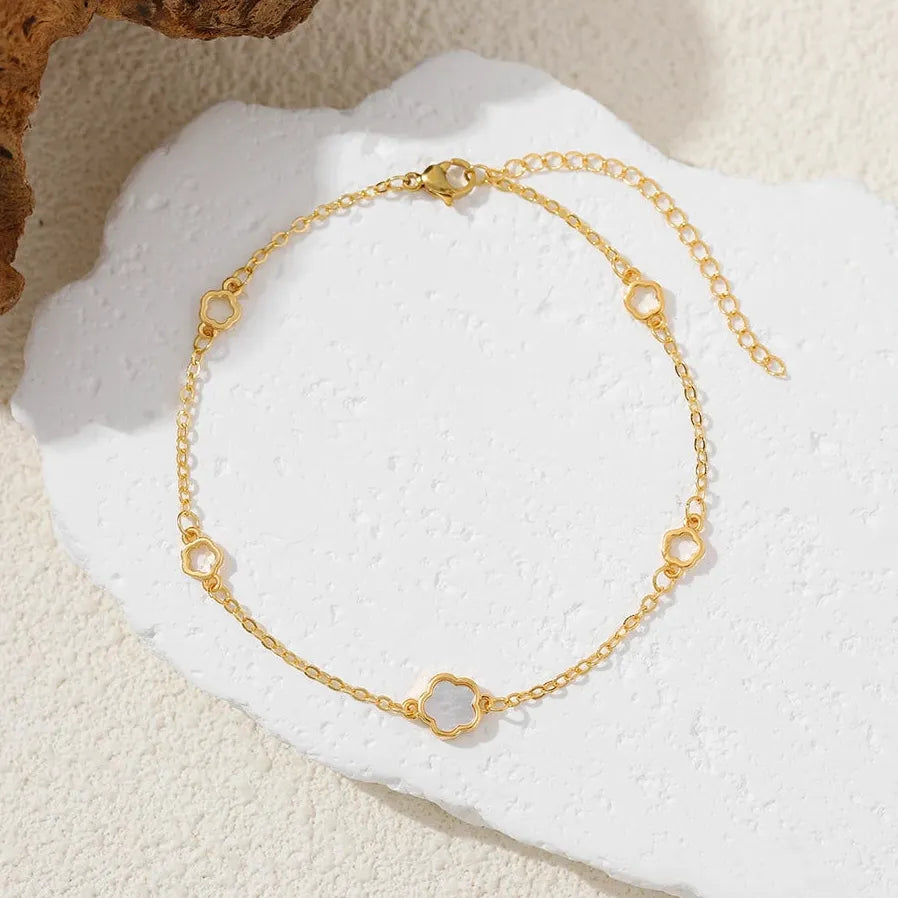 White Shell Opal Mini Flower Bracelet Stainless Steel 18K Gold Plated Adjustable Charm