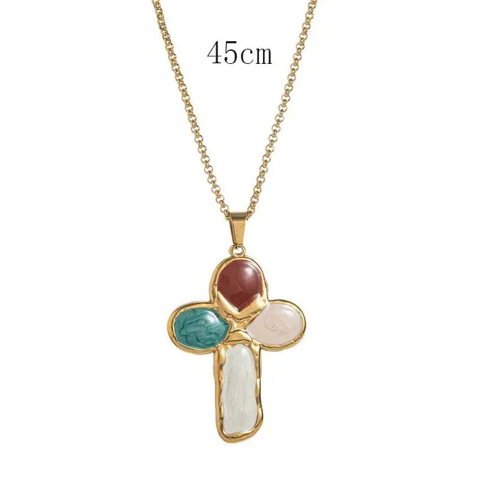 Stainless Steel Cross Pendant Necklace Men Women Colorful Stone Punk Hiphop Jewelry