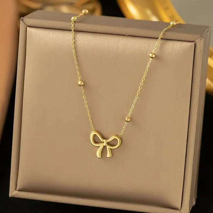 Gold Bowknot Pendant Necklace for Women Beaded Chain Fashion Jewelry