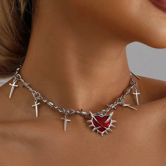 Black Heart Pendant Necklace Women Gothic Y2K Punk Cross Thorn Zinc Alloy Gift