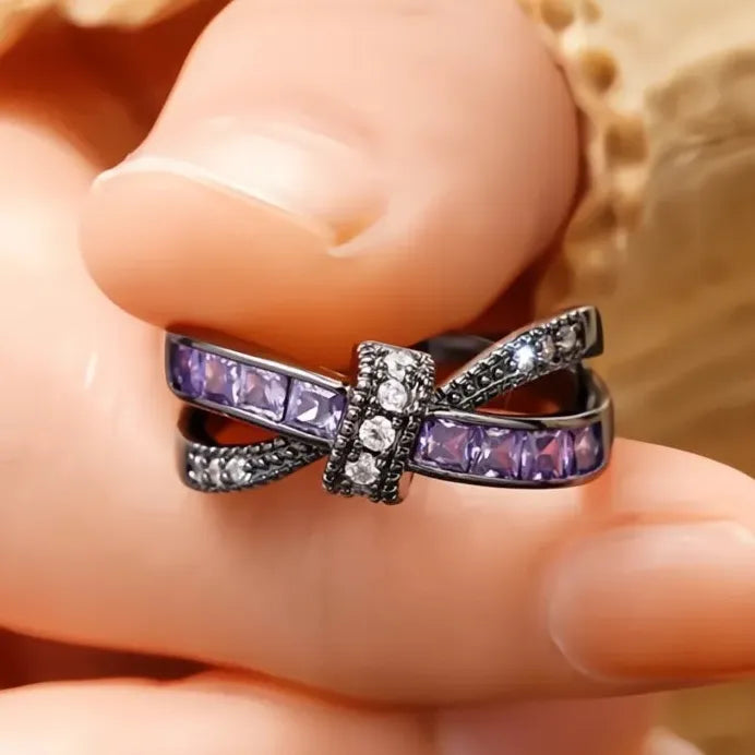 Elegant Bowknot Women’s Ring with Purple CZ Inlay for Party Fashion