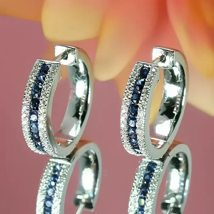 Silver Hoop Earrings with Blue Cubic Zirconia Geometric Design for Women
