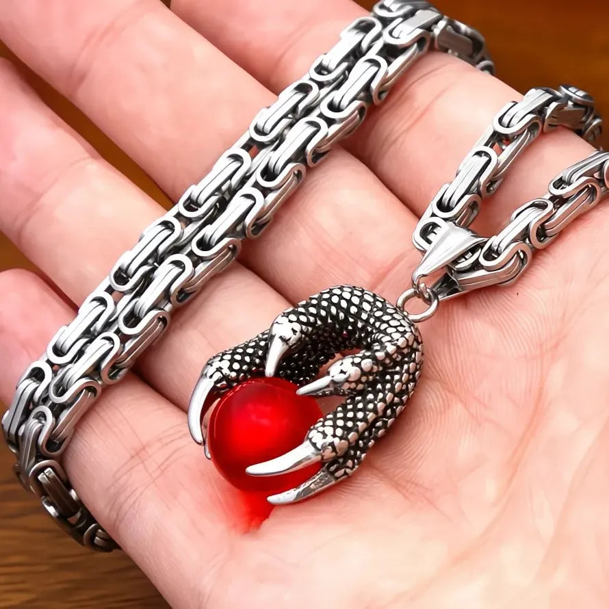 Viking Dragon Claw Necklace Red Bead Pendant Stainless Steel Men Gift
