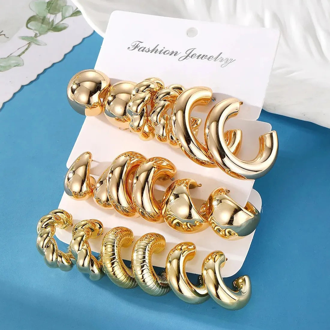 6Pcs Chunky Gold Waterdrop Hoop Earrings Zinc Alloy Vintage Bohemia