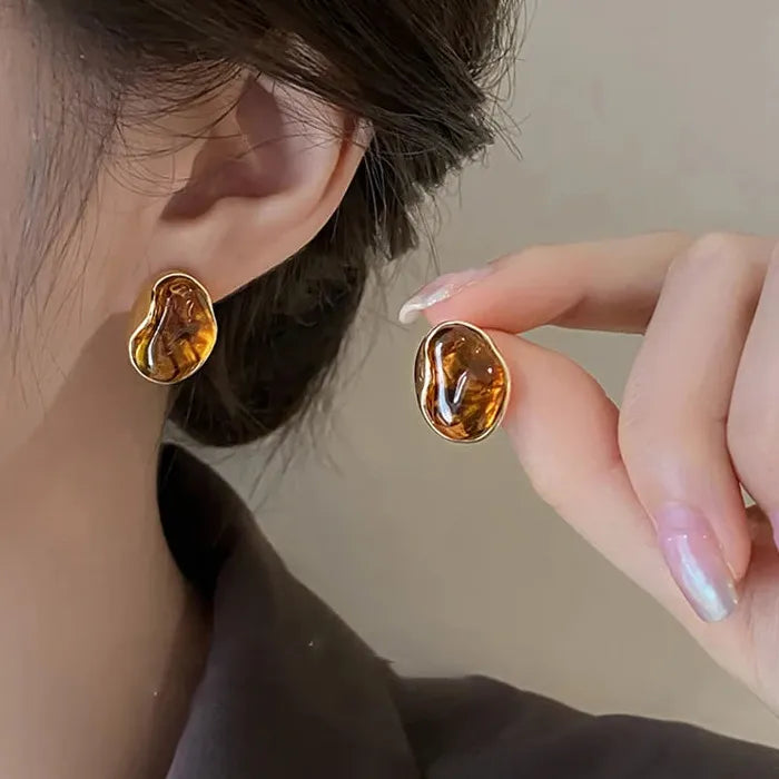 Brown Resin Tiger Eye Dangle Earrings for Women with Silver Needle