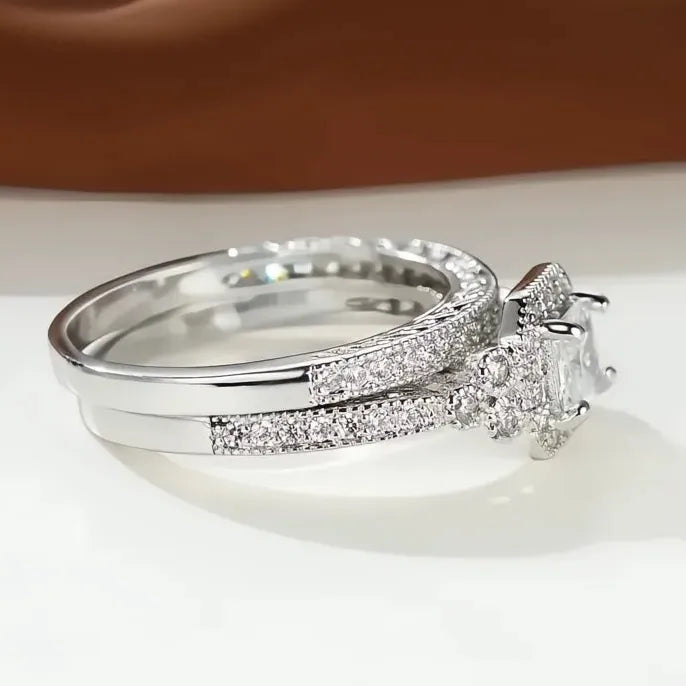 Princess White Black 2Pcs Luxury Cubic Zirconia Brass Wedding Rings for Women