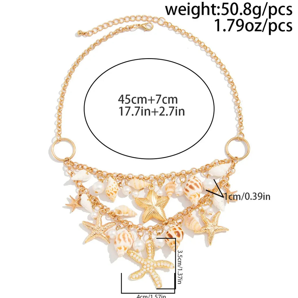 Bohemia Handmade 18k Gold Plated Conch Shell Starfish Pearl Pendant Necklace Women