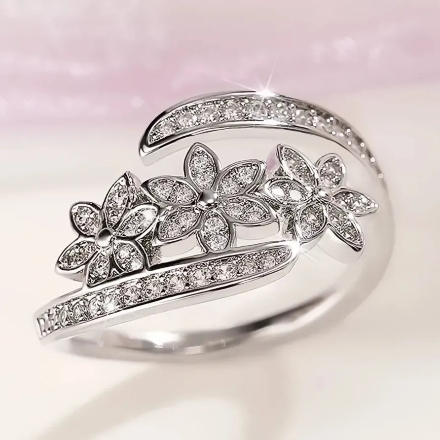 Geometric Crystal Flower Opening Ring Silver Plated Party Jewelry for Women