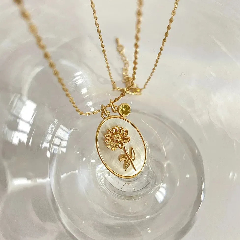12 Month Birthday Flower Pendant Necklace Stainless Steel White Shell Choker Jewelry