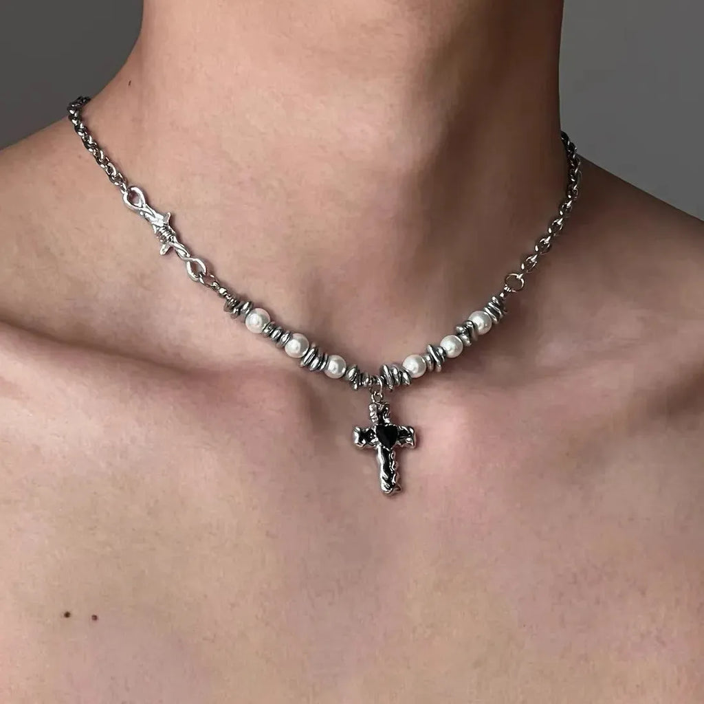 Stainless Steel Black Heart Cross Pendant Necklace Gothic Y2K Punk Choker