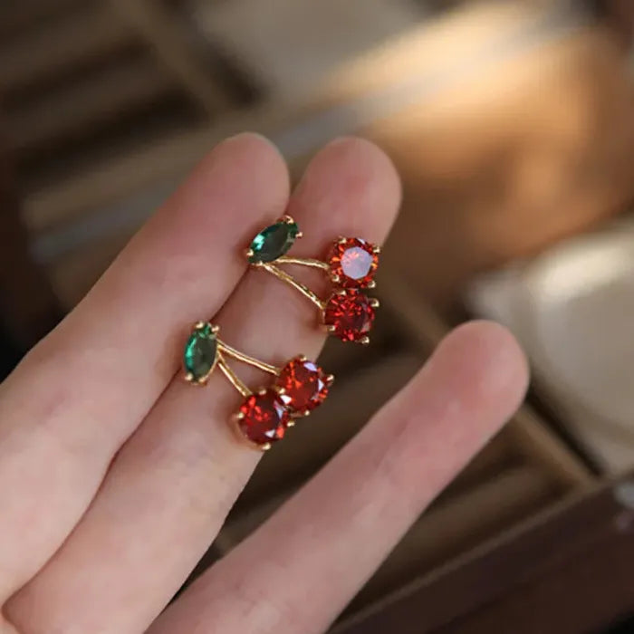 Red Zircon Fruit Leaf Stud Earrings Zinc Alloy Crystal Jewelry Gift